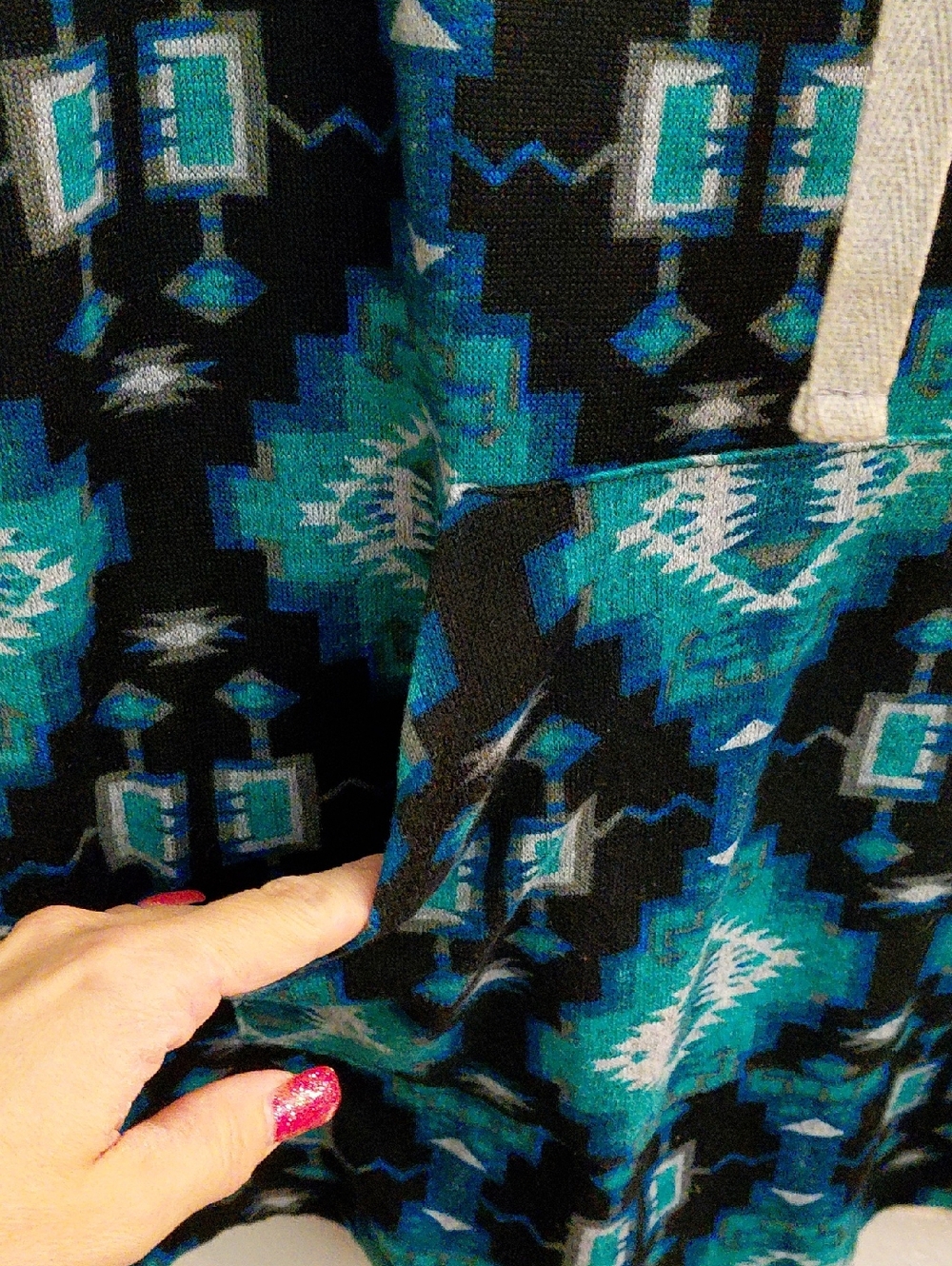 just be Teal, Black and Navy Geometric Kangaroo Pocket Pullover. See Measurement - Picture 6 of 8